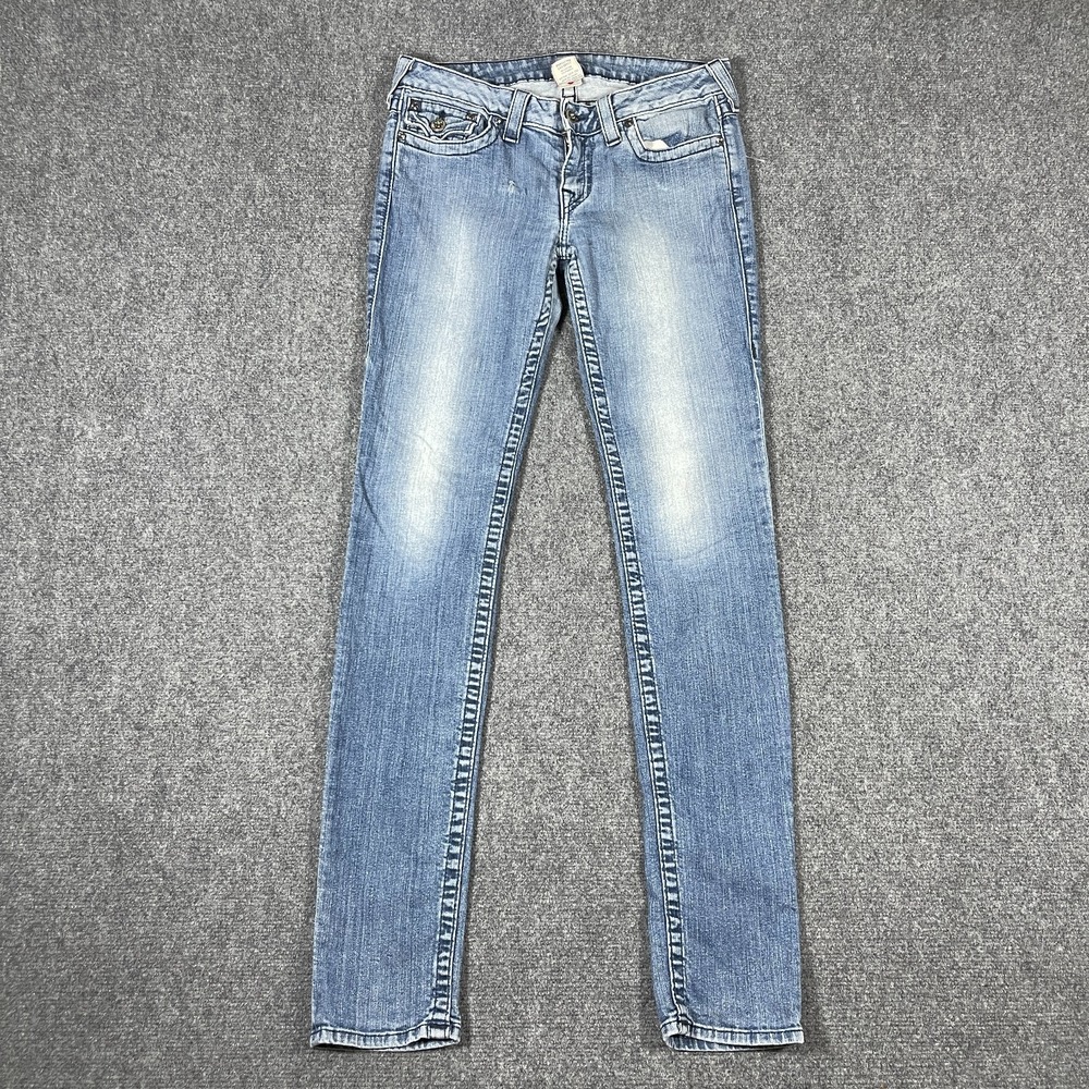 True Religion Skinny W/Flaps Jeans Light Wash Blue Crystal Button Stretch 31x34
